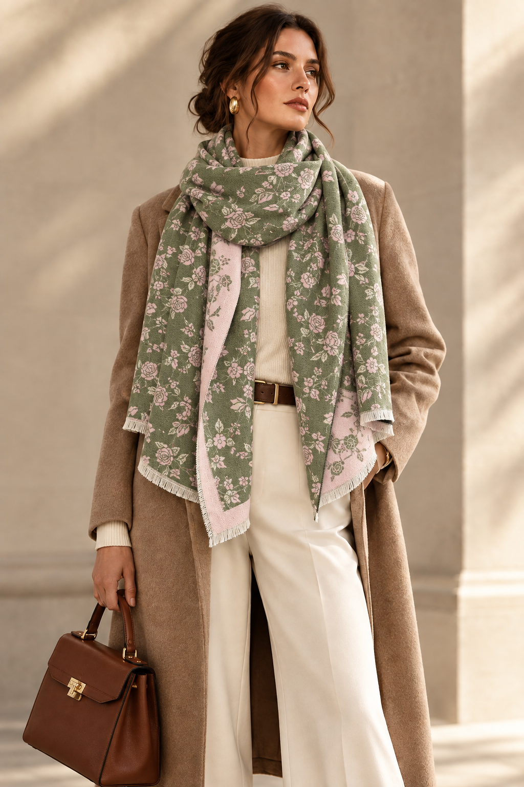 Printed polyester scarf for women in sage green floral pattern with cream base
