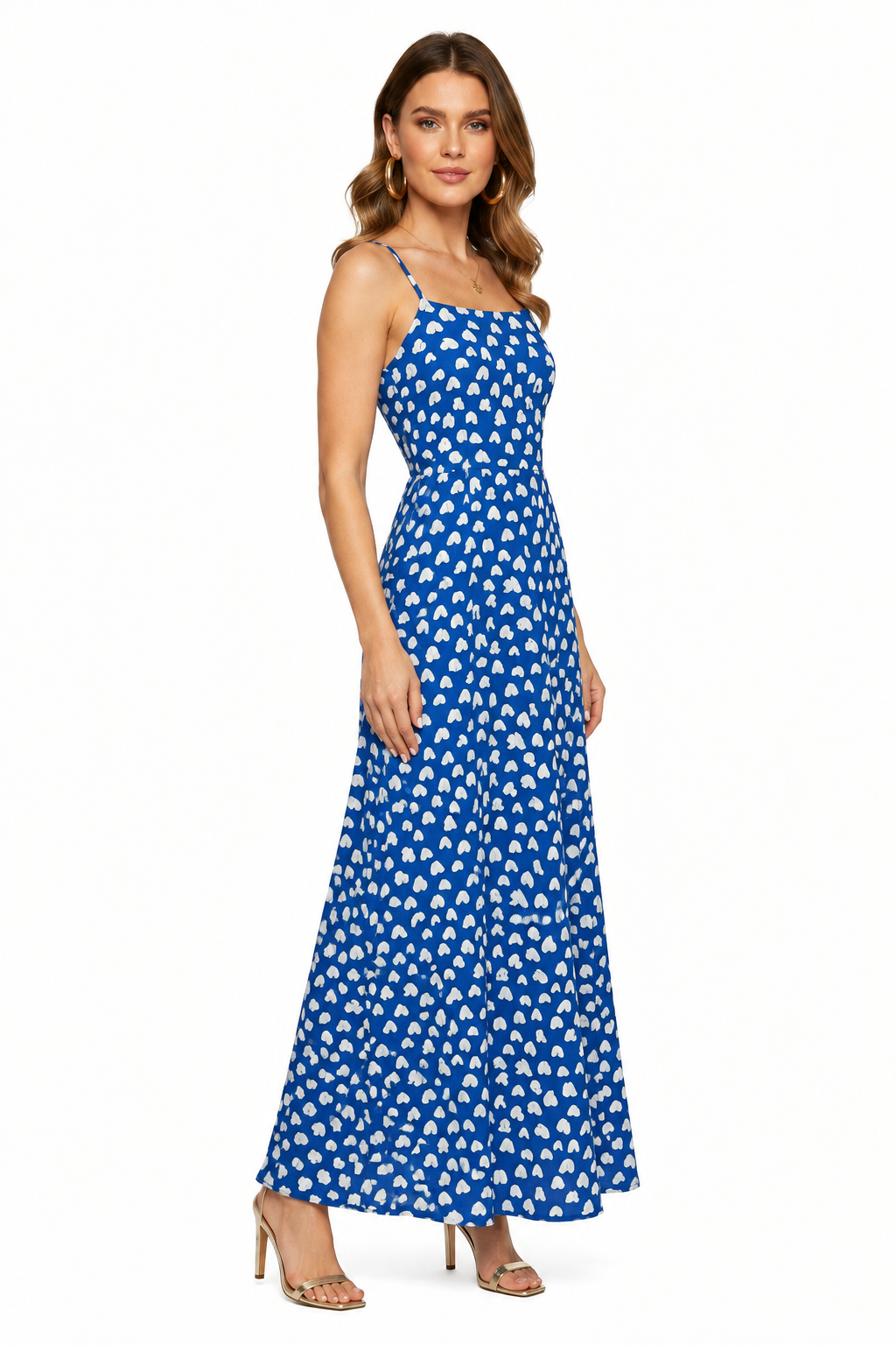 Blue speckled print maxi dress, gathered bodice and full skirt with spaghetti straps