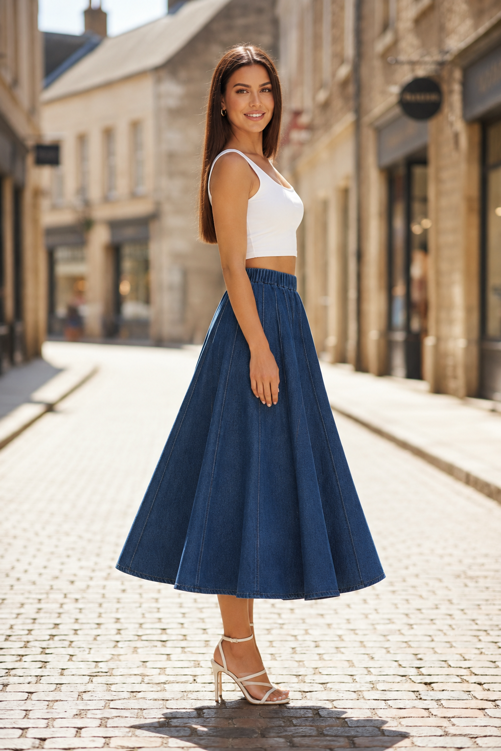 Dark blue denim midi circle skirt, full flare with elastic waistband and vertical panel seams