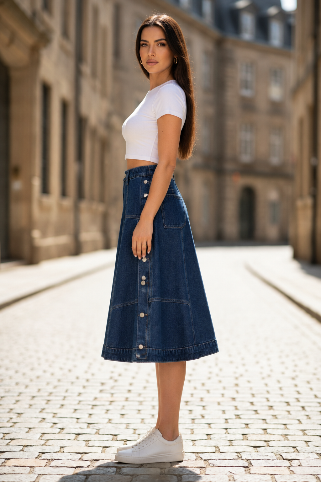 Dark blue denim A-line midi skirt, side view with button placket