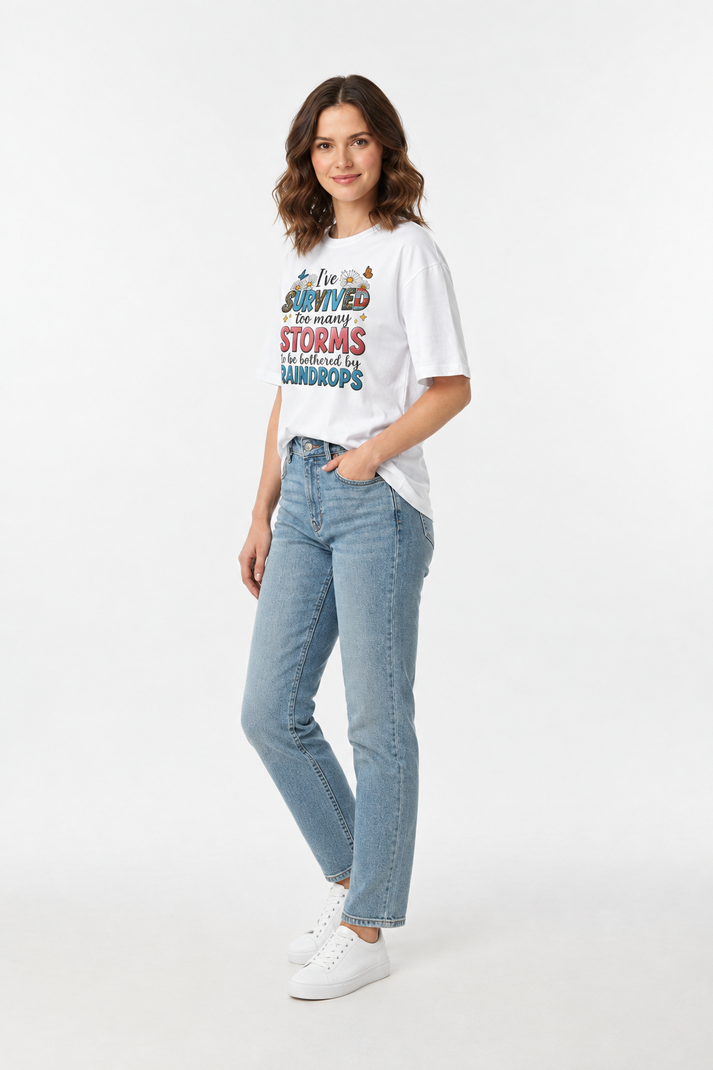 White crewneck T-shirt with multicolor storm and raindrop front graphic