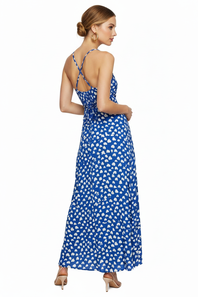 Blue tie-back maxi dress with white speckled print, open back and thin straps