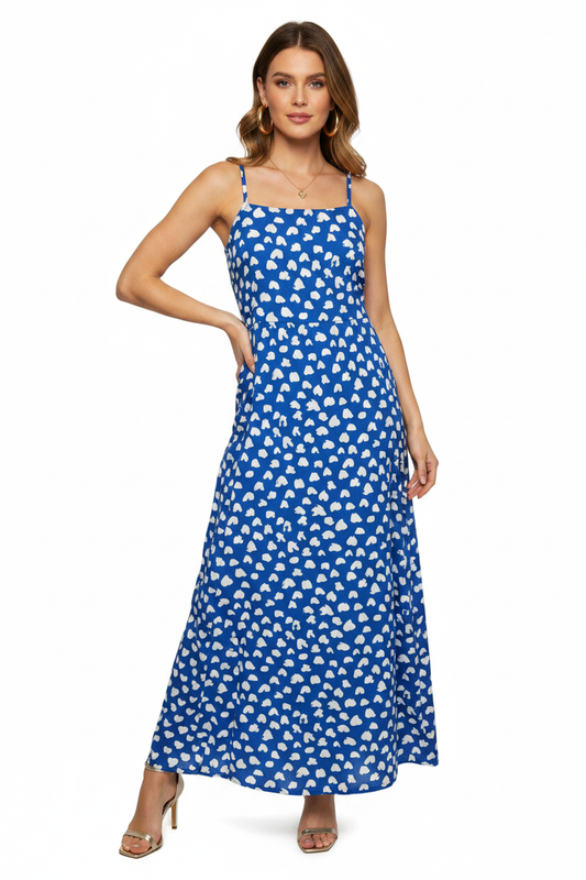 Blue tie-up maxi dress with white speckled print, square neckline and thin straps