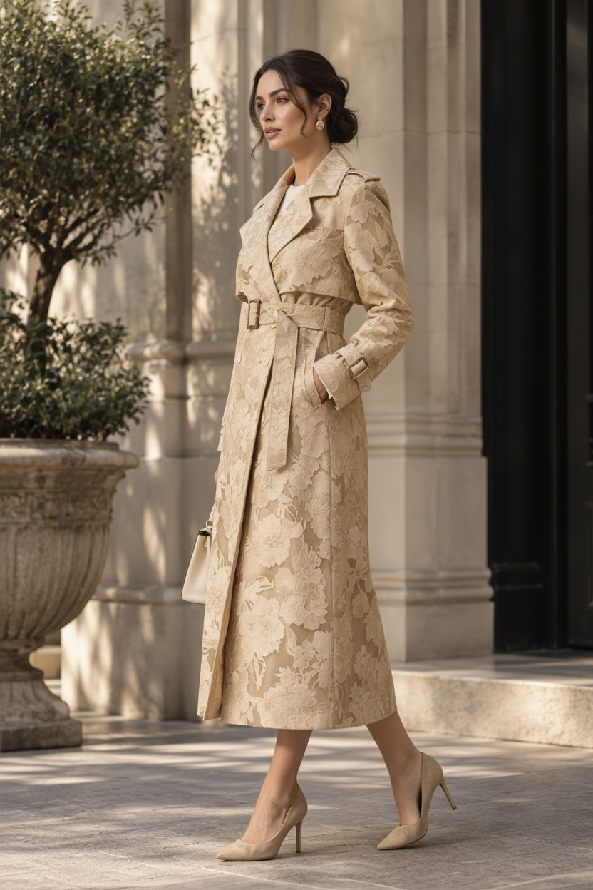 Three-quarter view of the exact floral trench coat