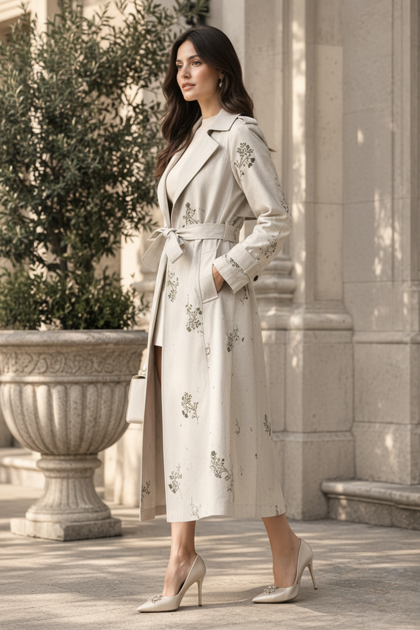 Three-quarter view of the exact grey embroidered trench coat
