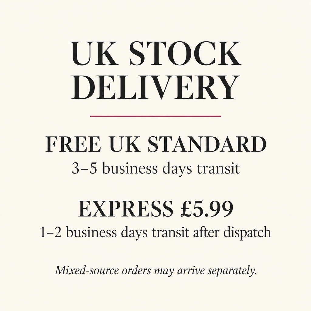 UK stock delivery and shipping cost text on a card