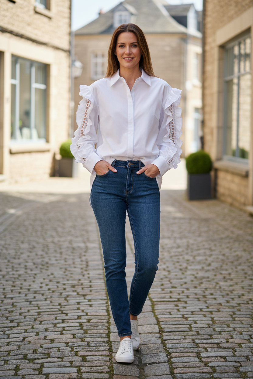 White Ruffle Sleeve Shirt - Model
