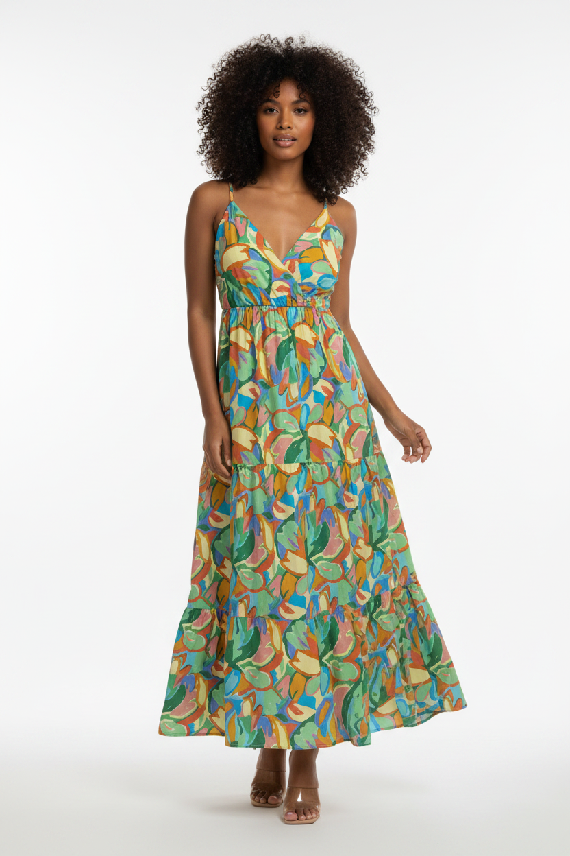 Three-quarter view tiered wrap maxi dress with multicolored retro leaf print