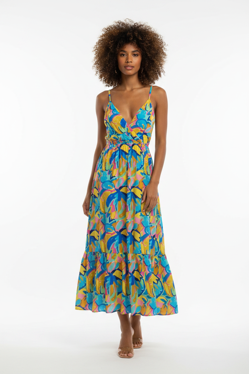 Tiered wrap maxi dress in multicolored retro leaf print with spaghetti straps