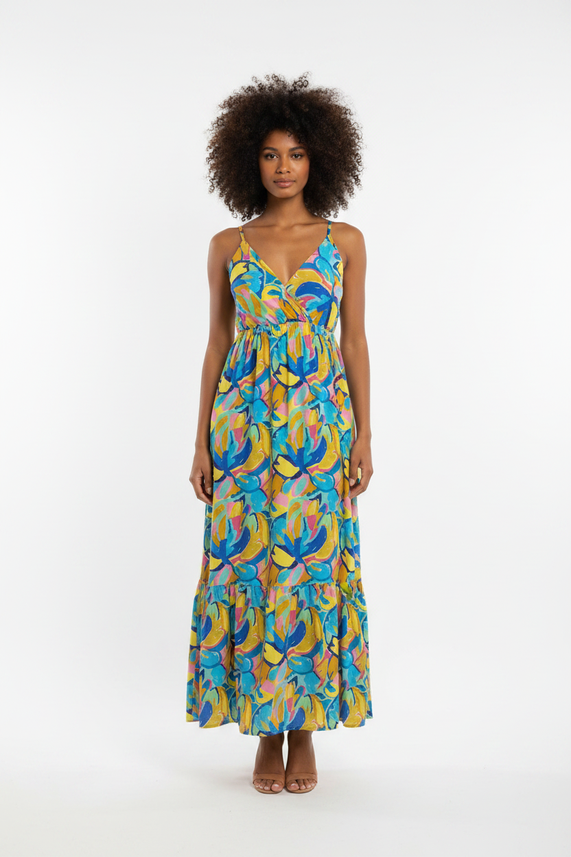 Tiered wrap maxi dress front view with multicolored retro leaf print, gathered waist