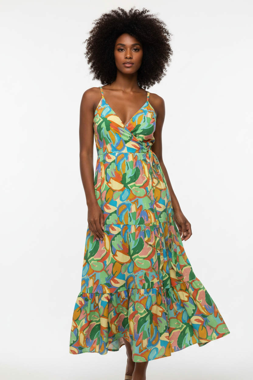Tiered wrap maxi dress front with multicolored retro leaf print and V-neckline