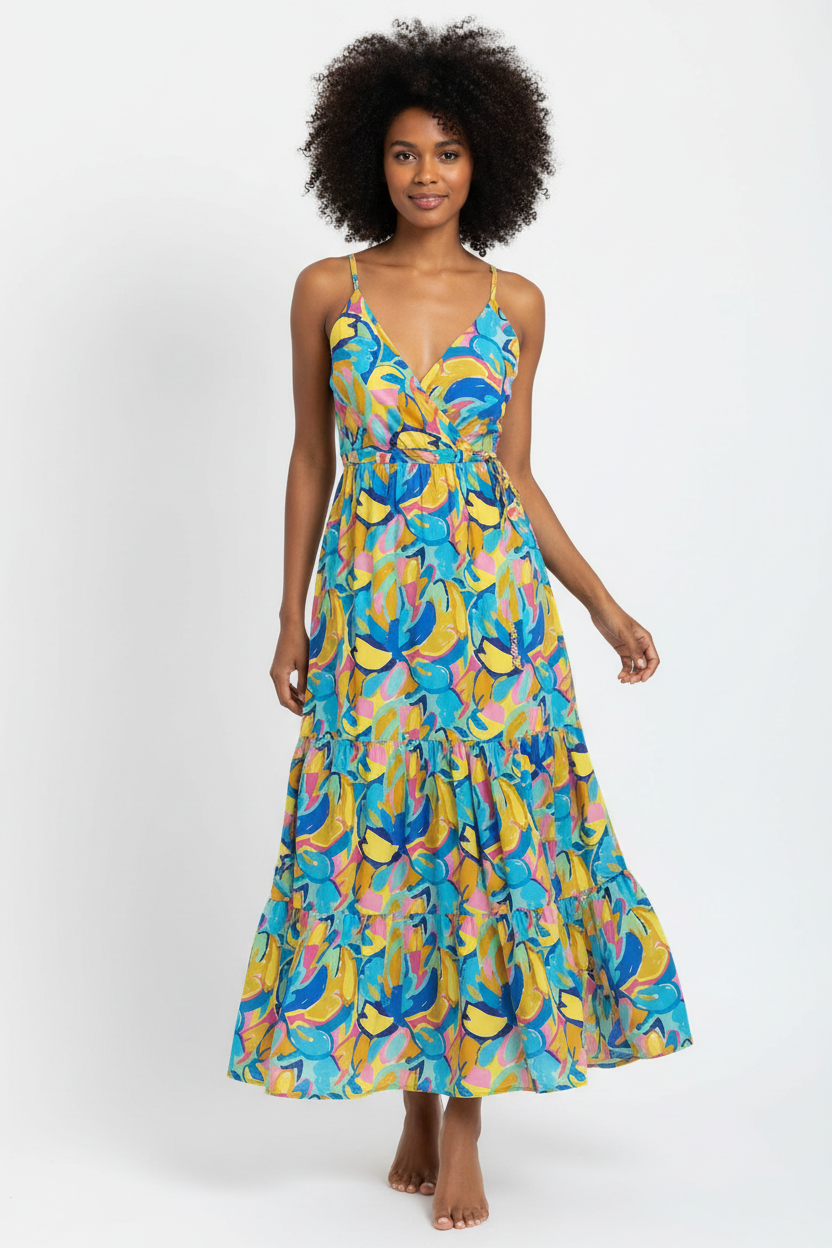Tiered wrap maxi dress with multicolored leaf print and thin spaghetti straps