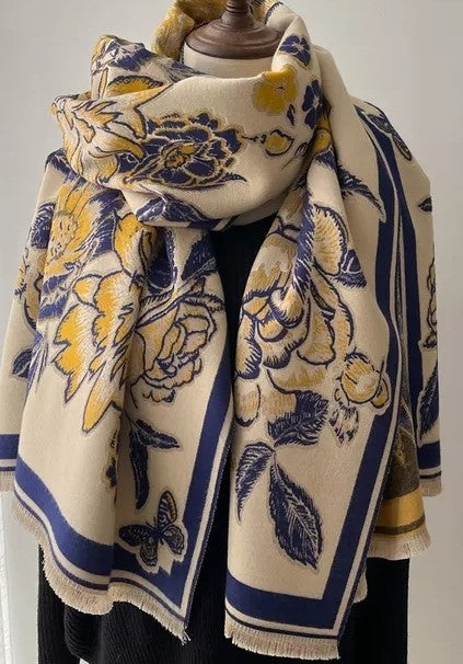 Close up image, Winter Floral Scarf / Shawl